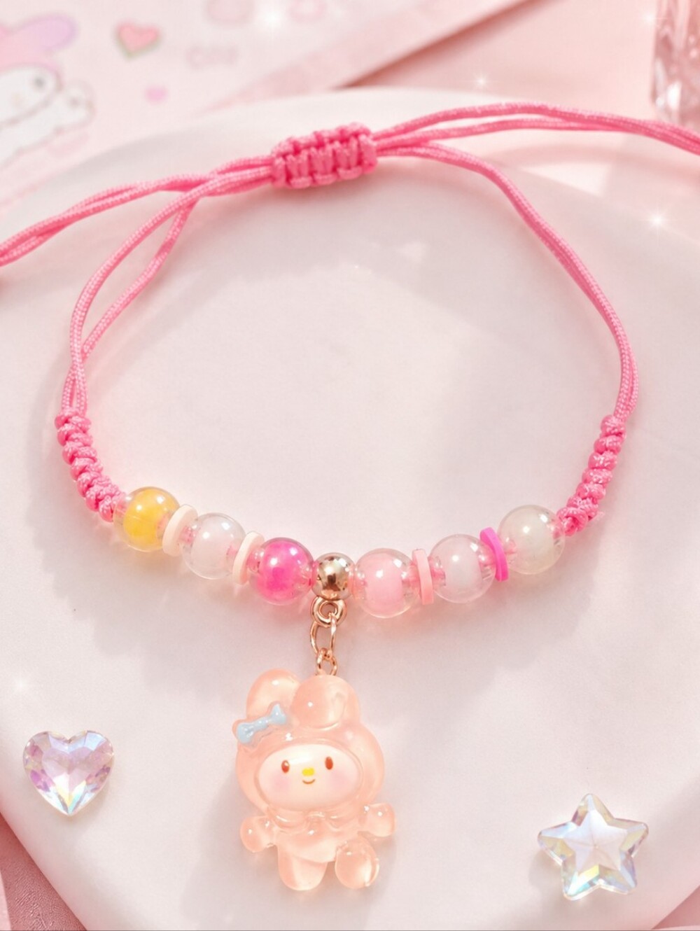 Handmade Kawaii Pink Melody Charm Adjustable Bracelet Silver-tone